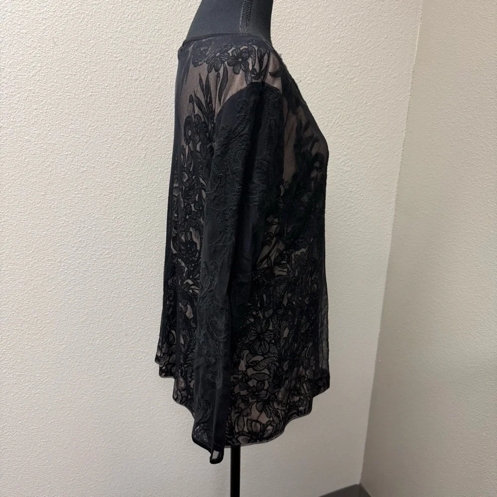 NIC+ZOE Black Lace Sheer Floral Mesh Blouse Long Sleeve Romantic Top XL - Picture 6 of 10